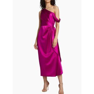 Amsale Womens Draped Ruffle Satin Dress Cocktail Formal Sz 14 Fuchsia Pink NWD